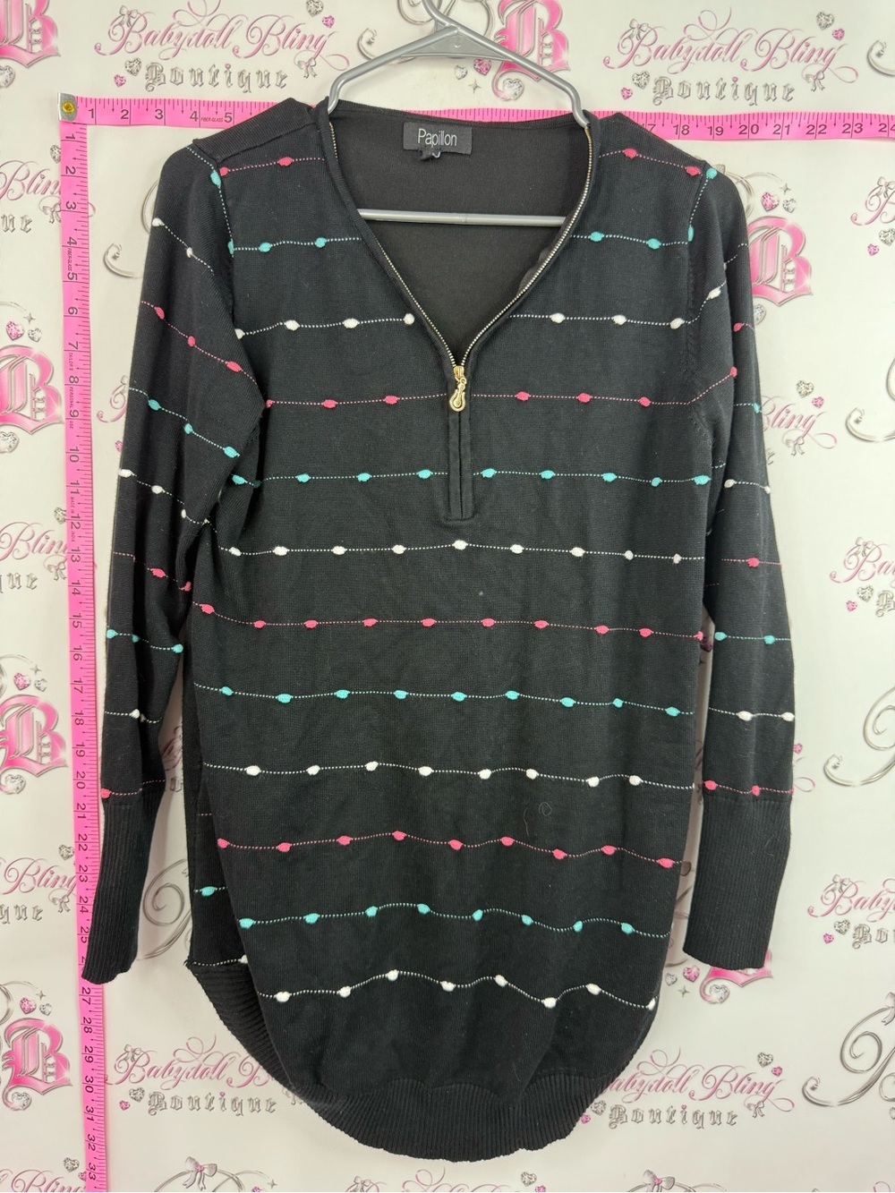 Papillon Black V-Neck Sweater with Pink, Teal & White Dots